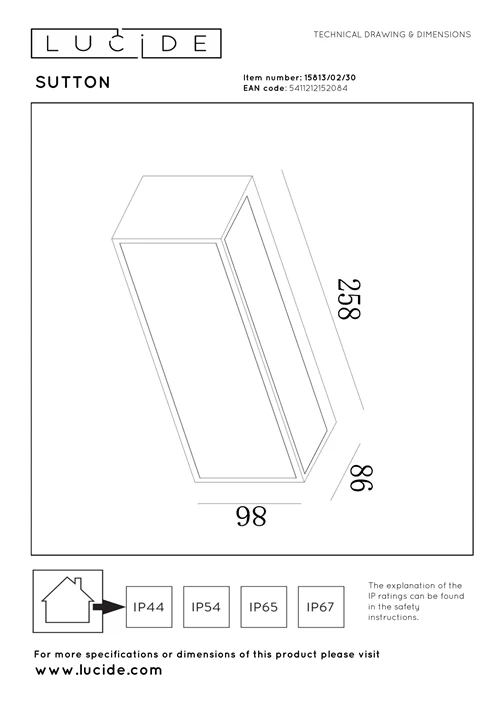 Lucide SUTTON - Wandleuchte - Sonnenenergie - LED Dim. - 1x2W 2850K/3150K - IP54 - Bewegung und Tag/Nacht-Sensor - Schwarz - technisch
